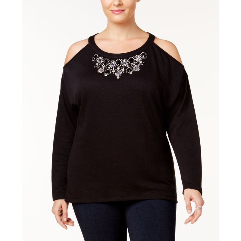 Plus Size Embellished Cold Shoulder Sweatshirt